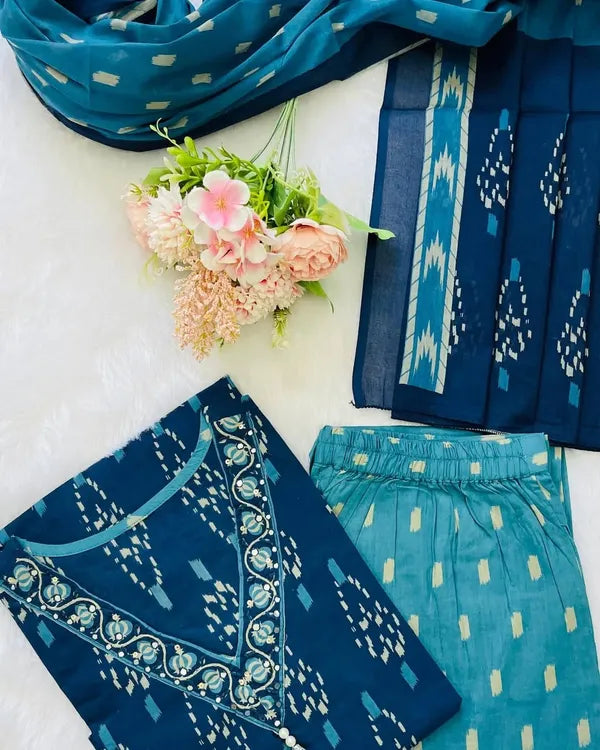 Pure Cotton Discharge Print Suit With Heavy Handwork ( Blue )