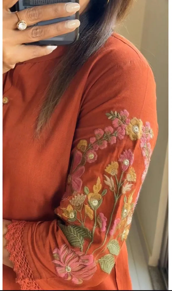 Orange Embroidery Coord Set For Women