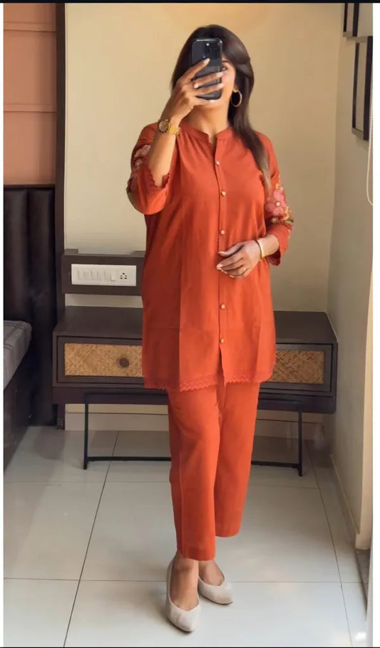 Orange Embroidery Coord Set For Women