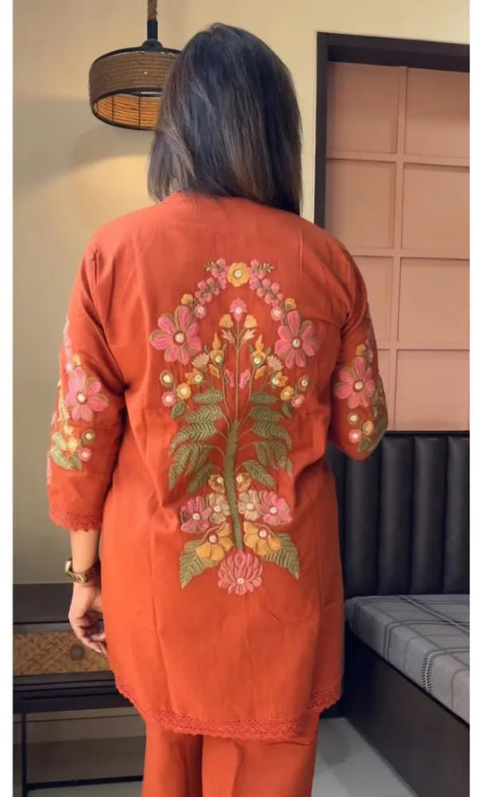 Orange Embroidery Coord Set For Women