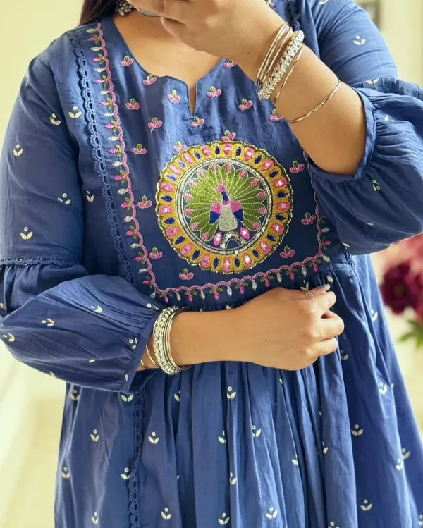 Latest And Trending Cotton Printed Anarkali And Pant With Dupatta Set ( Blue )