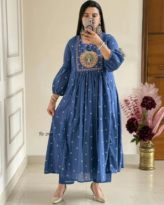 Latest And Trending Cotton Printed Anarkali And Pant With Dupatta Set ( Blue )