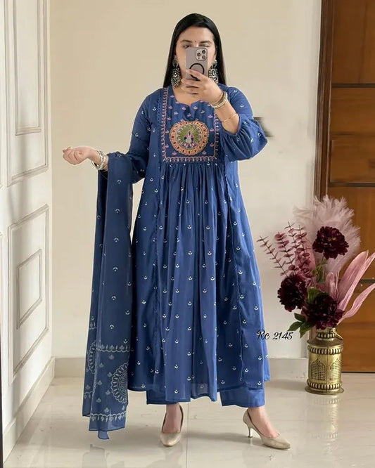 Latest And Trending Cotton Printed Anarkali And Pant With Dupatta Set ( Blue )