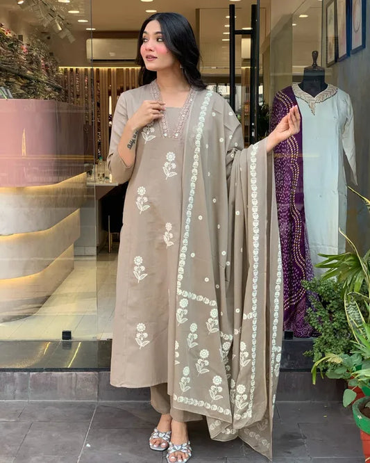 Women Beige Design Cotton Straight Suit With Dupatta