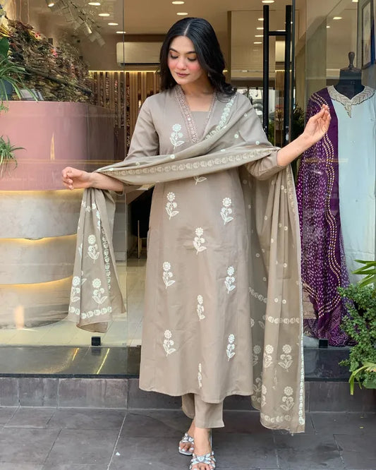 Women Beige Design Cotton Straight Suit With Dupatta