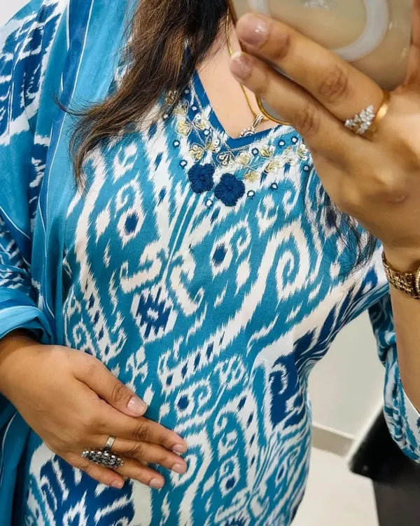 Blue Designer Ekka Print With Kurti Paint And Dupatta Set