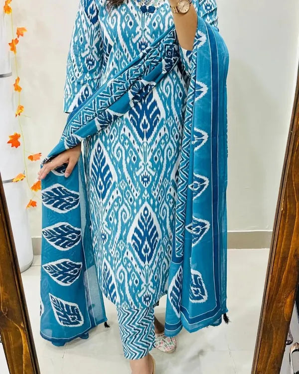 Blue Designer Ekka Print With Kurti Paint And Dupatta Set