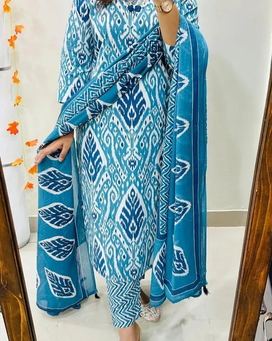 Blue Designer Ekka Print With Kurti Paint And Dupatta Set