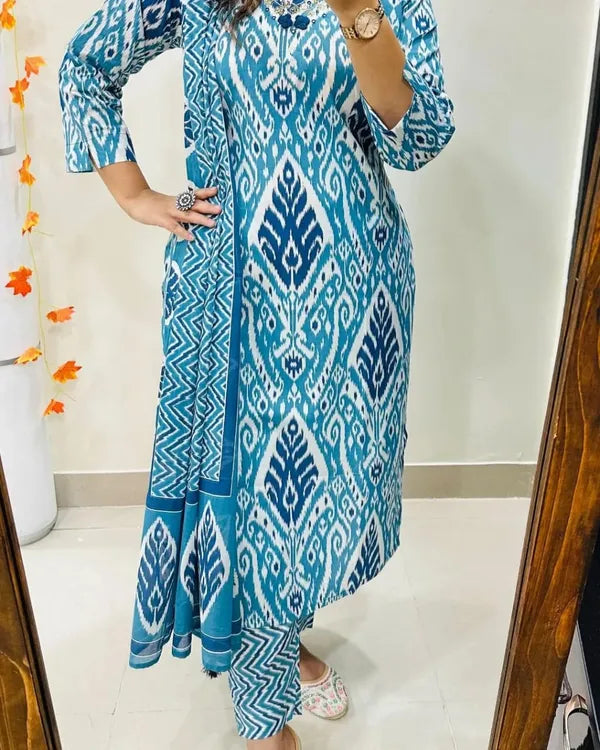 Blue Designer Ekka Print With Kurti Paint And Dupatta Set