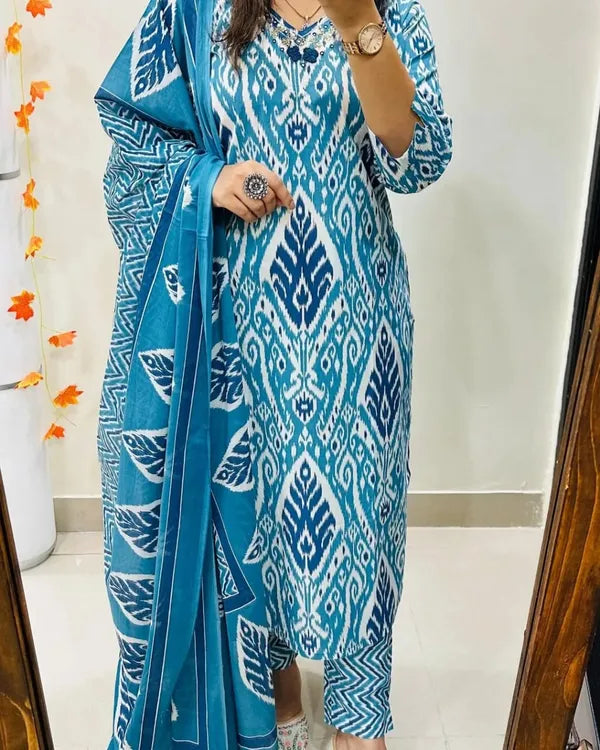 Blue Designer Ekka Print With Kurti Paint And Dupatta Set