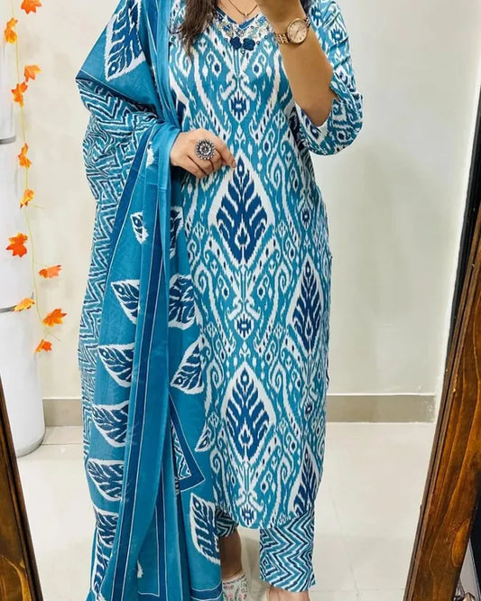 Blue Designer Ekka Print With Kurti Paint And Dupatta Set