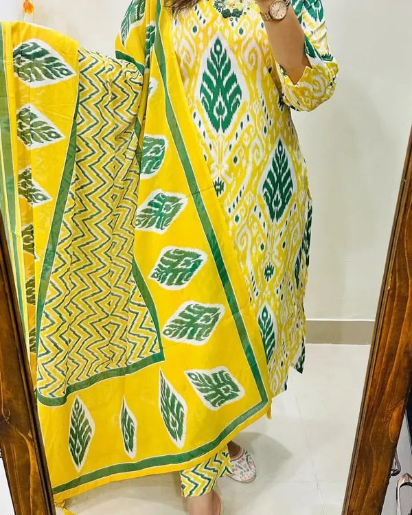 Yellow Designer Ekka Print With Kurti Paint And Dupatta Set