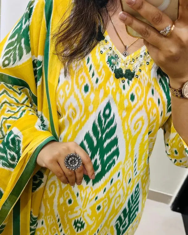 Yellow Designer Ekka Print With Kurti Paint And Dupatta Set