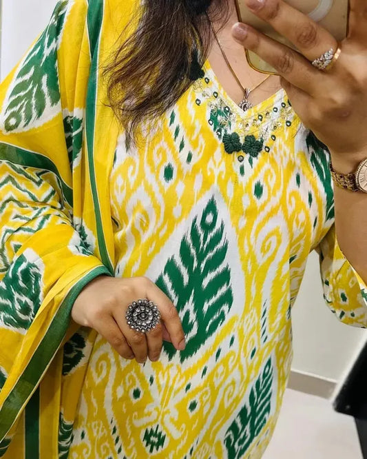 Yellow Designer Ekka Print With Kurti Paint And Dupatta Set