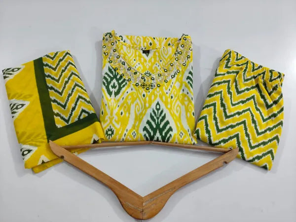 Yellow Designer Ekka Print With Kurti Paint And Dupatta Set
