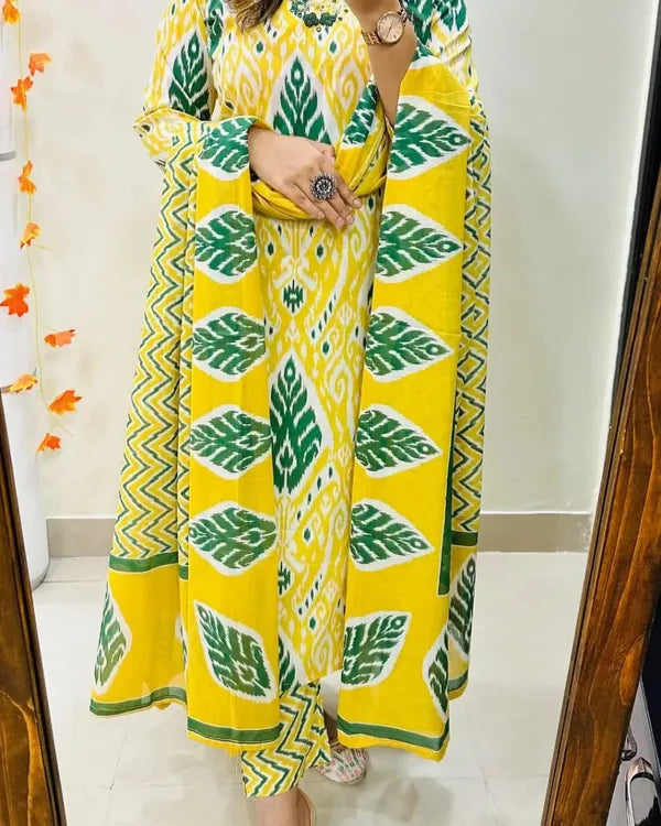 Yellow Designer Ekka Print With Kurti Paint And Dupatta Set