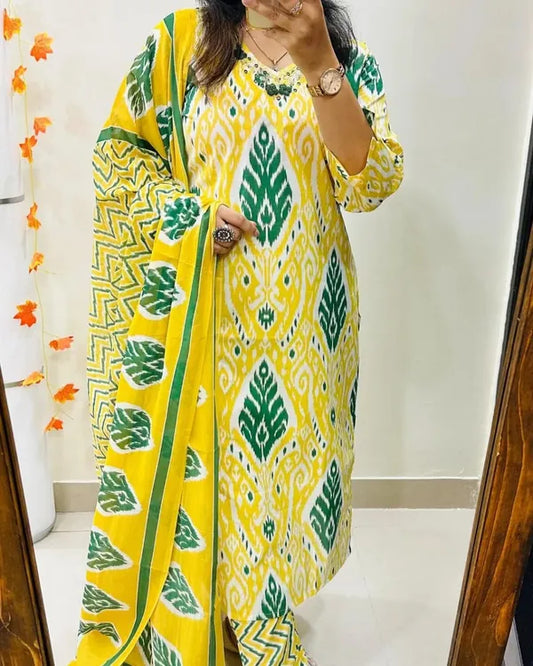 Yellow Designer Ekka Print With Kurti Paint And Dupatta Set