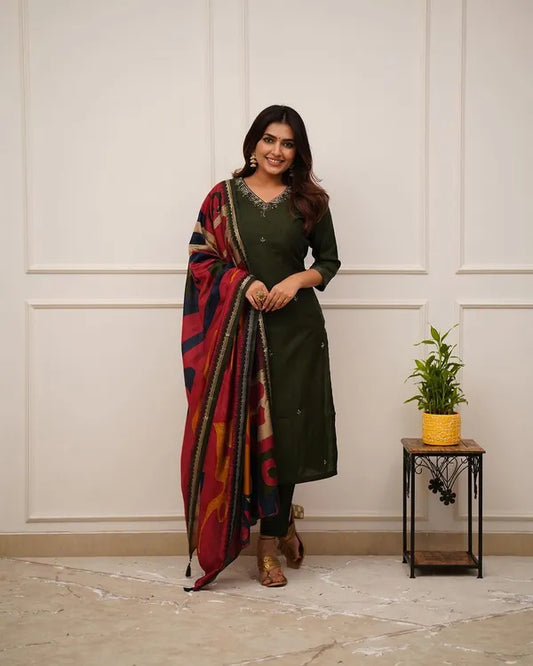 Green Embroider and Zari Work Cotton Straight Suit Set with Heavy Silk Dupatta