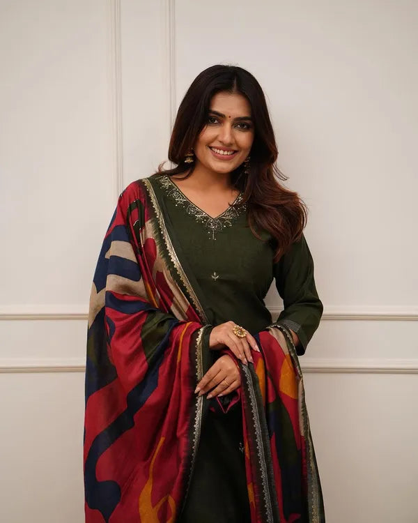 Green Embroider and Zari Work Cotton Straight Suit Set with Heavy Silk Dupatta