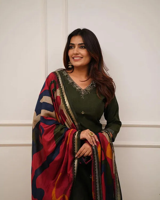 Green Embroider and Zari Work Cotton Straight Suit Set with Heavy Silk Dupatta