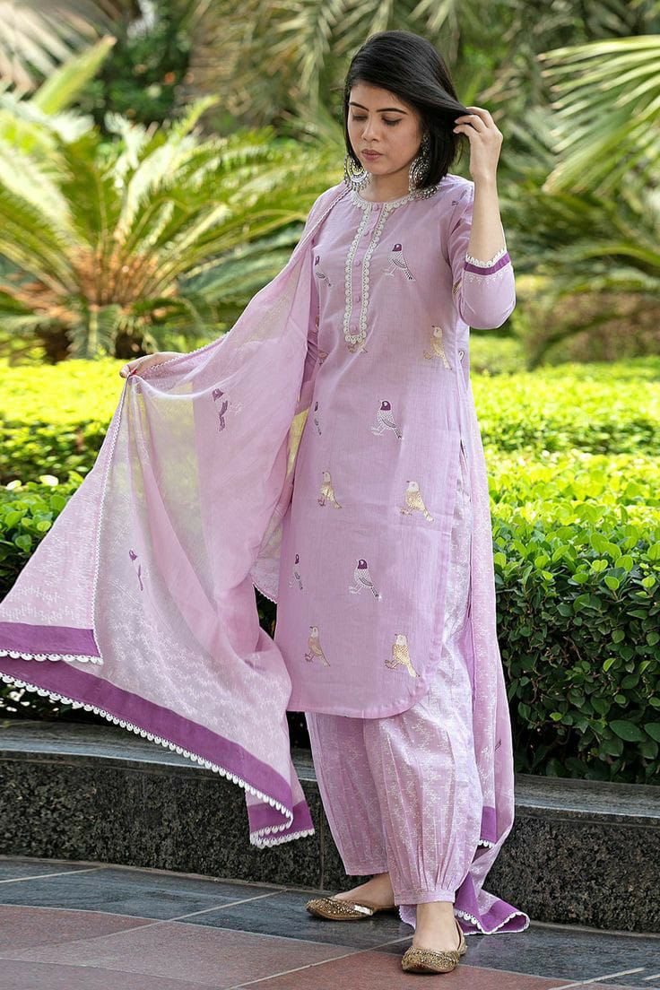 Bird Printed Cotton Kurta And Pant Set With Dupatta Set