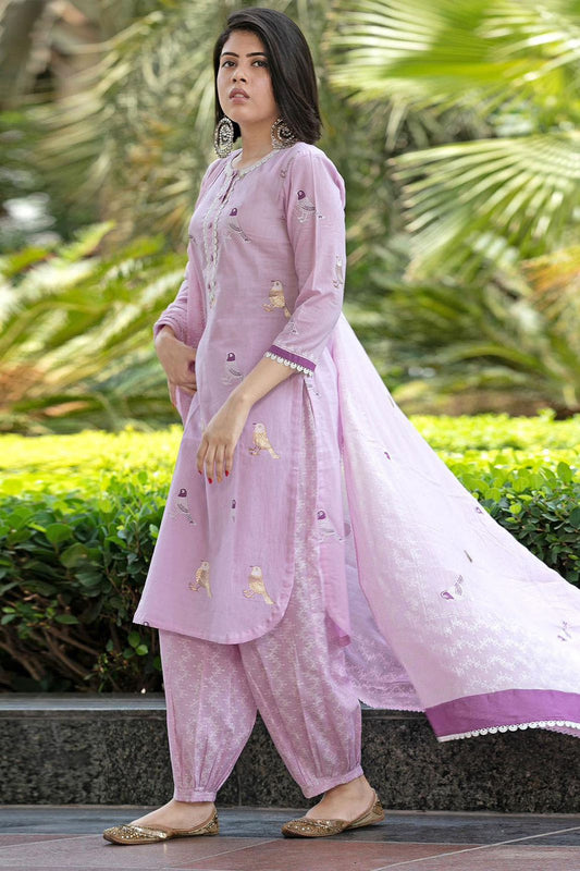 Bird Printed Cotton Kurta And Pant Set With Dupatta Set