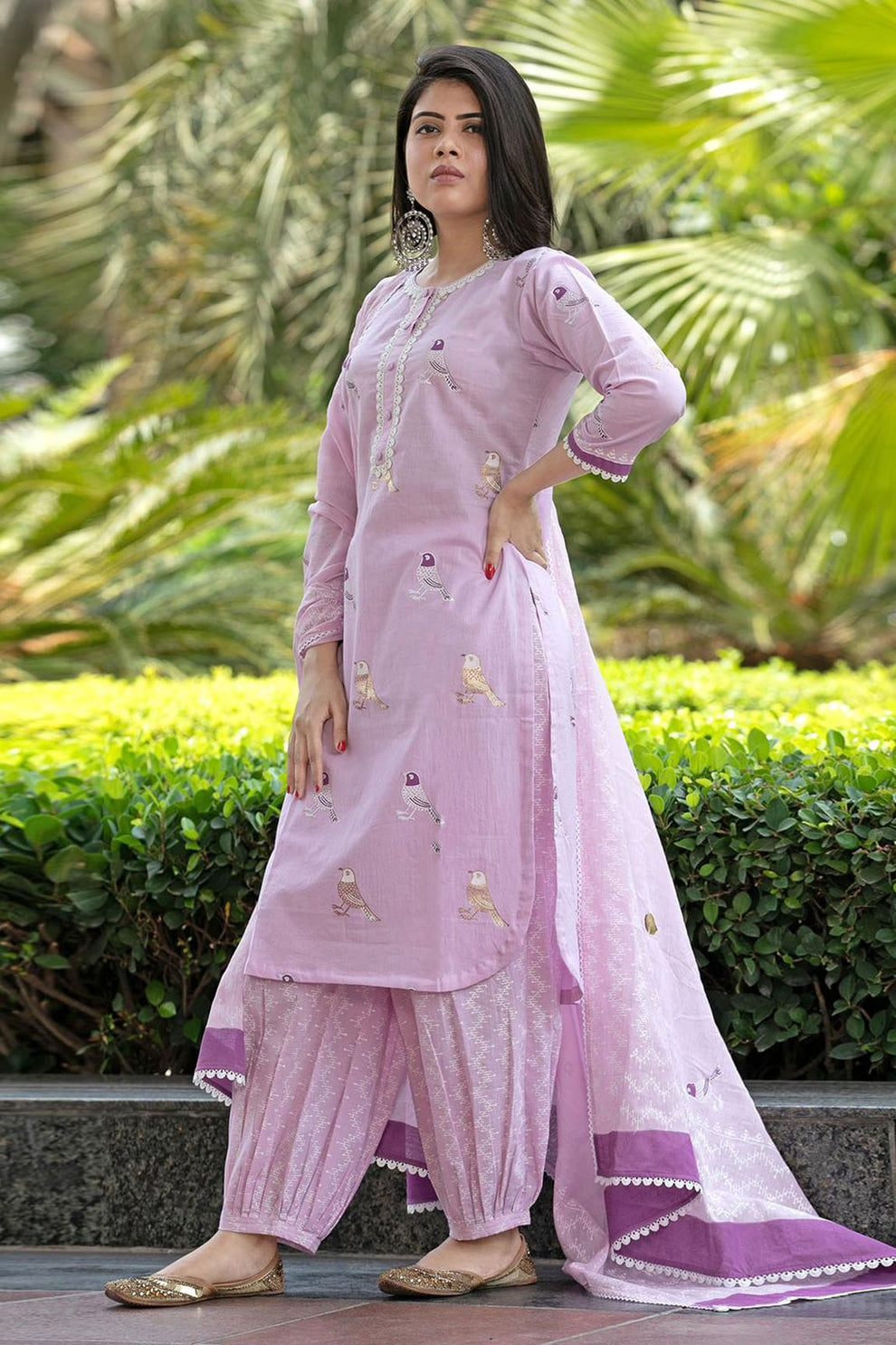 Bird Printed Cotton Kurta And Pant Set With Dupatta Set
