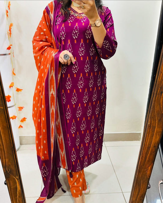 Rose Designer Ekka Print With Kurti Paint And Dupatta Set
