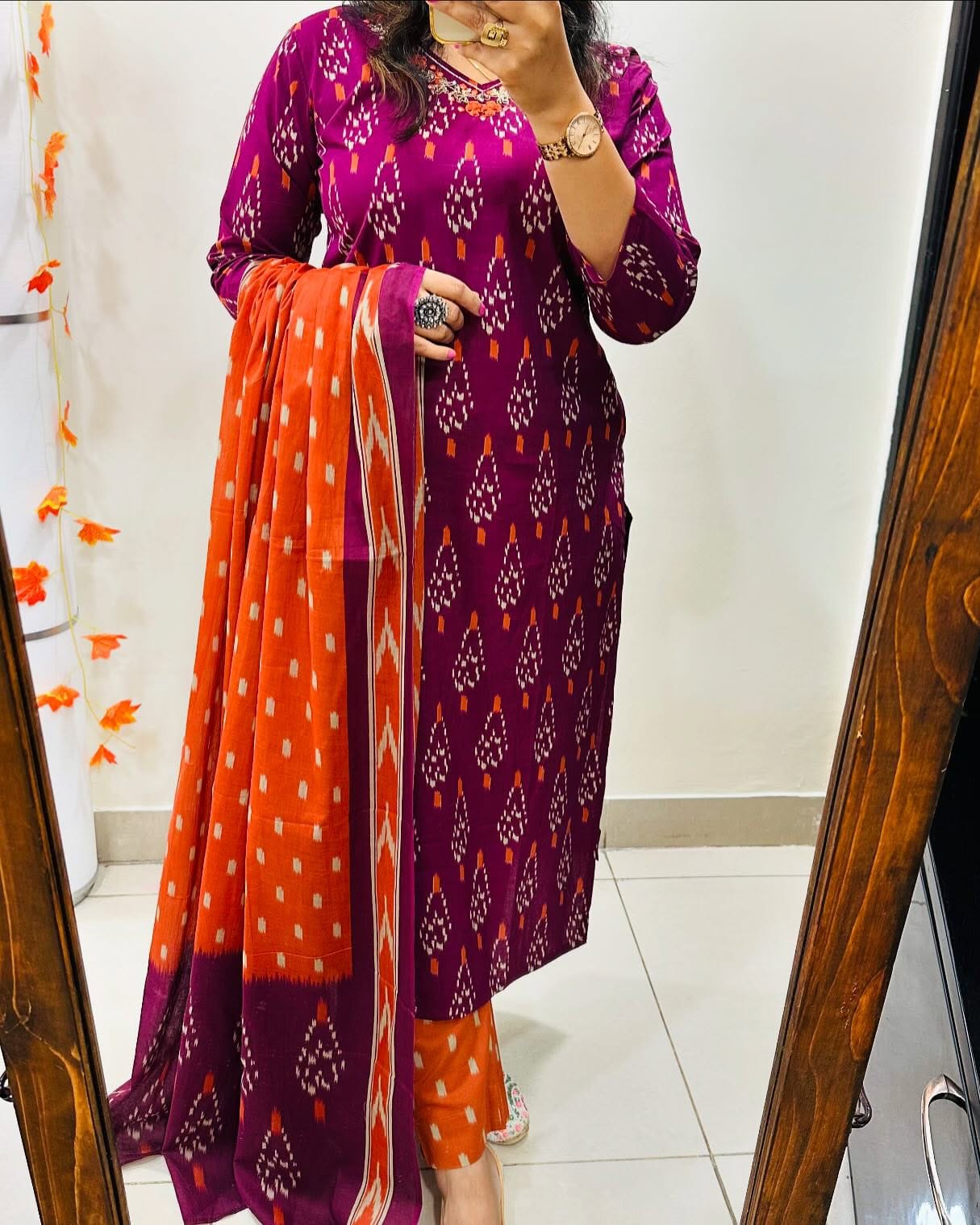 Rose Designer Ekka Print With Kurti Paint And Dupatta Set