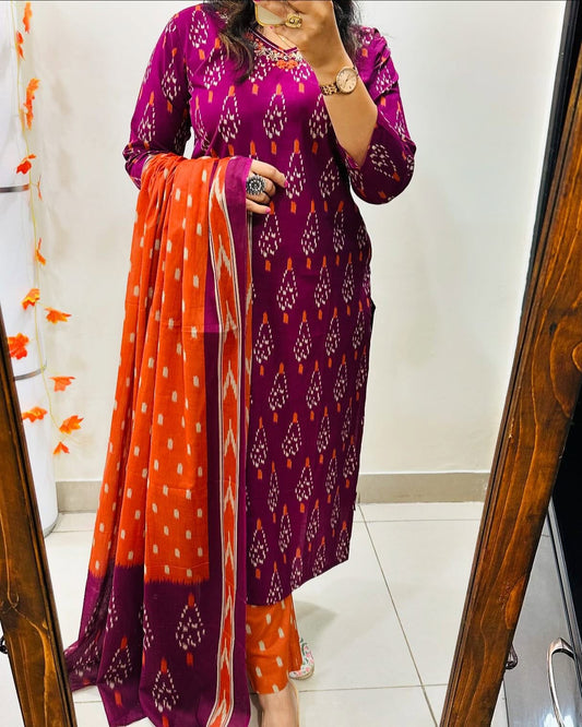 Rose Designer Ekka Print With Kurti Paint And Dupatta Set