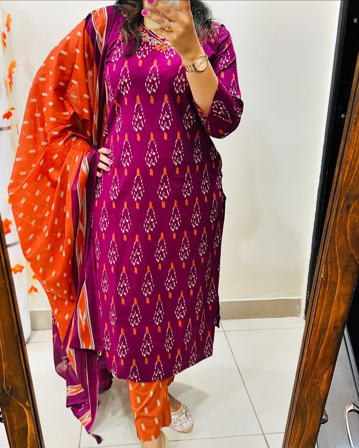 Rose Designer Ekka Print With Kurti Paint And Dupatta Set