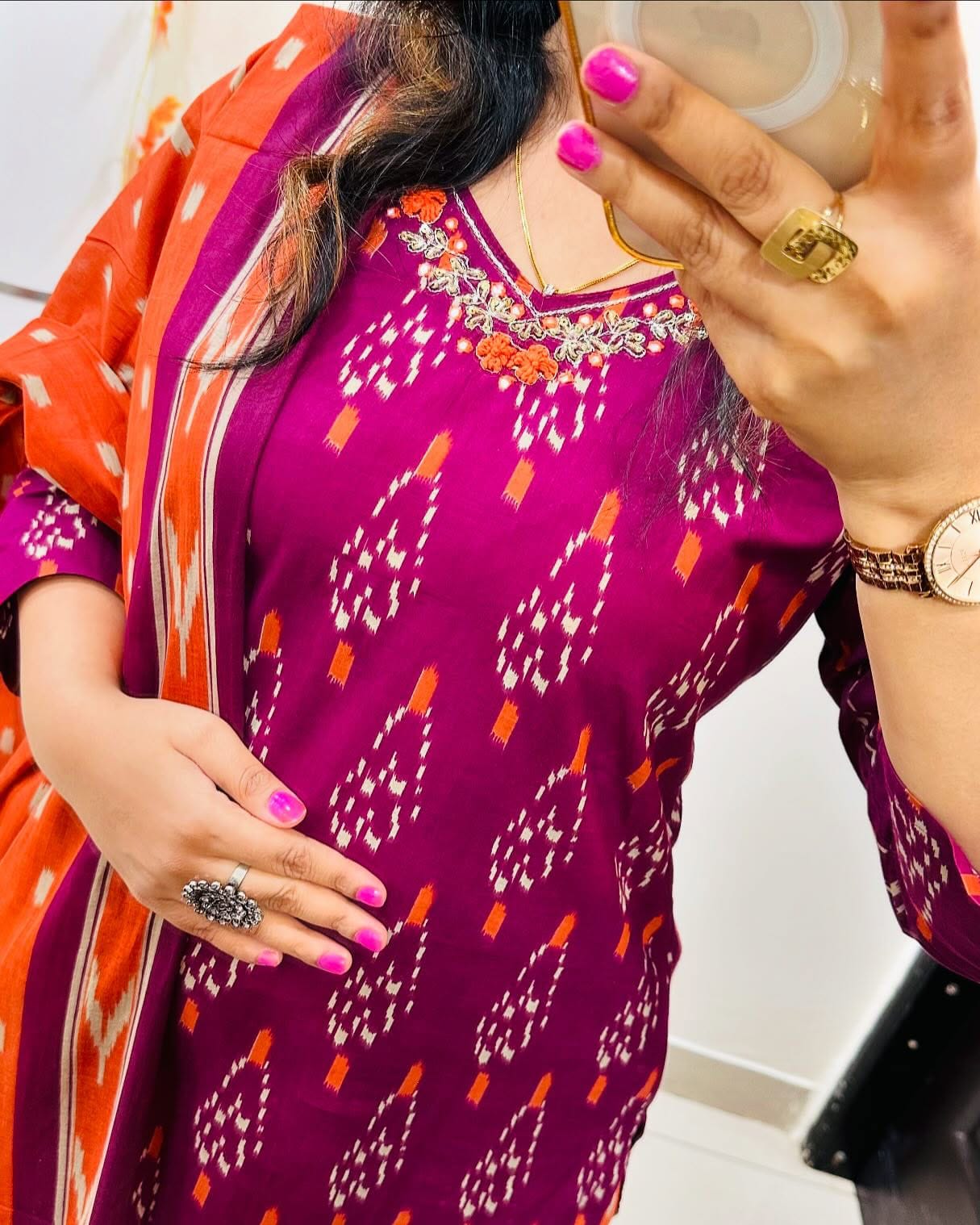 Rose Designer Ekka Print With Kurti Paint And Dupatta Set