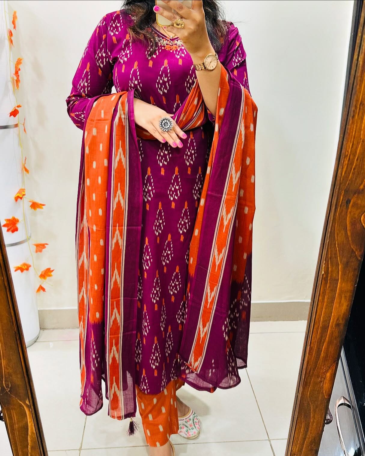 Rose Designer Ekka Print With Kurti Paint And Dupatta Set
