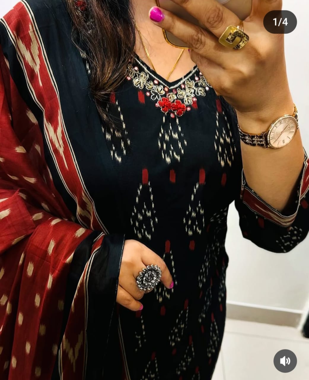 Black Designer Ekka Print With Kurti Paint And Dupatta Set