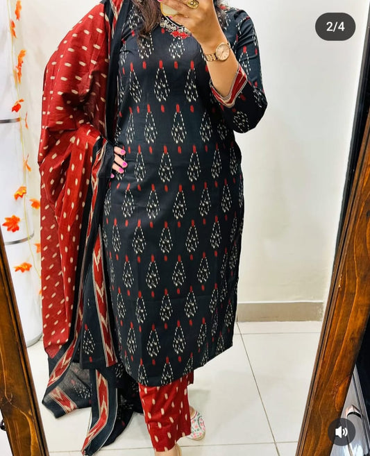 Black Designer Ekka Print With Kurti Paint And Dupatta Set
