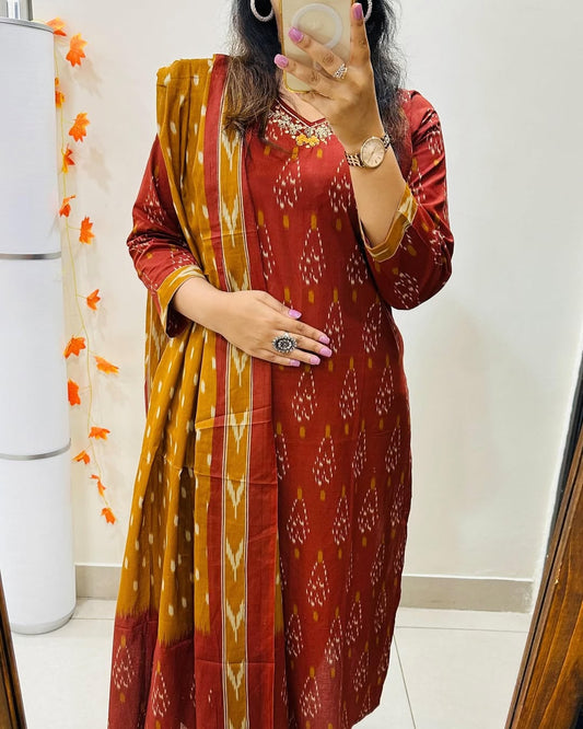 Red Designer Ekka Print With Kurti Paint And Dupatta Set