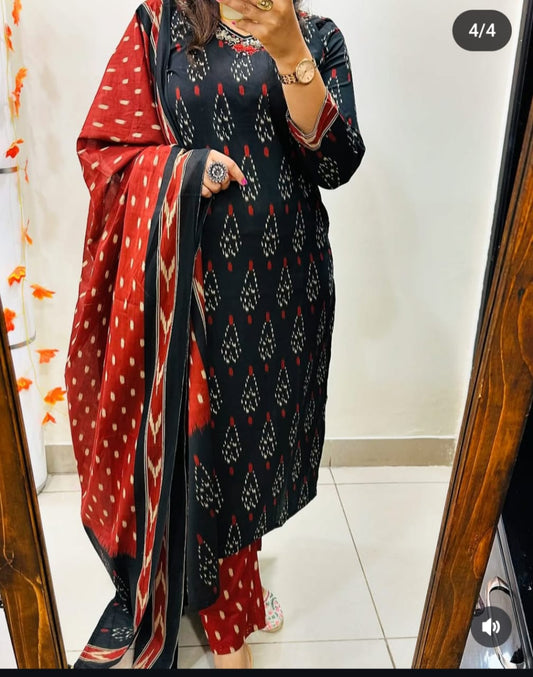 Black Designer Ekka Print With Kurti Paint And Dupatta Set