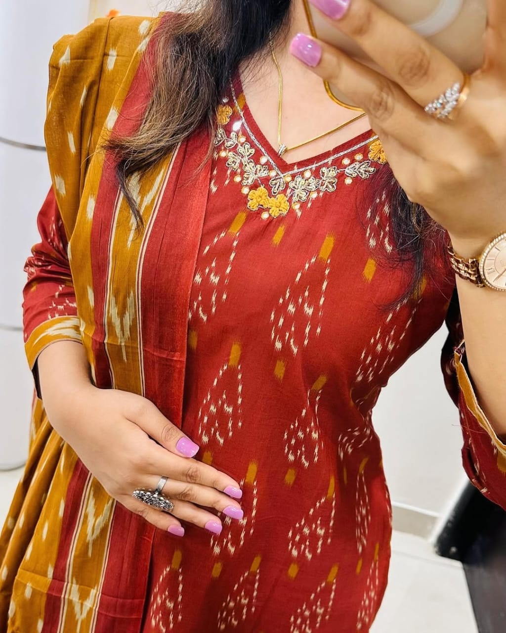 Red Designer Ekka Print With Kurti Paint And Dupatta Set