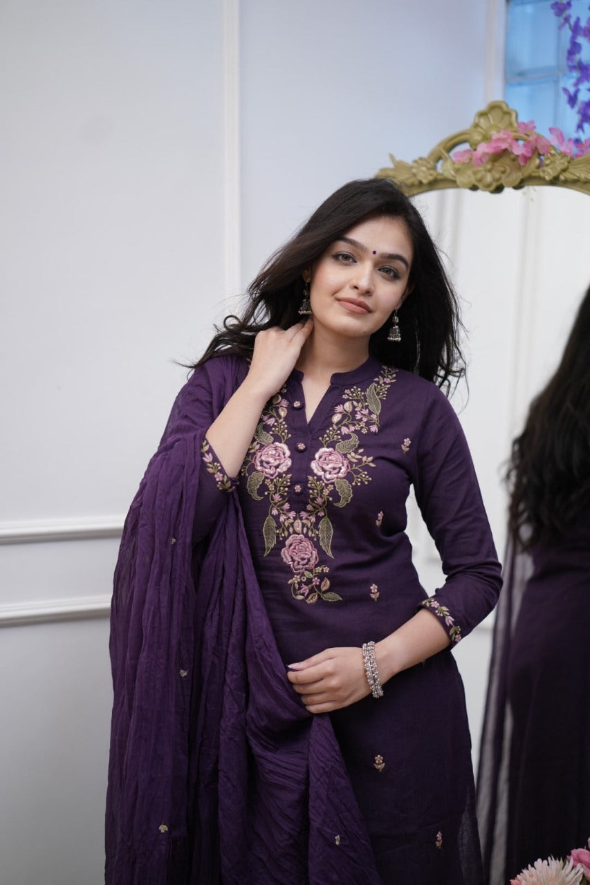 Libas India Cotton Purple Embroidered Kurta Pant And Dupatta Set