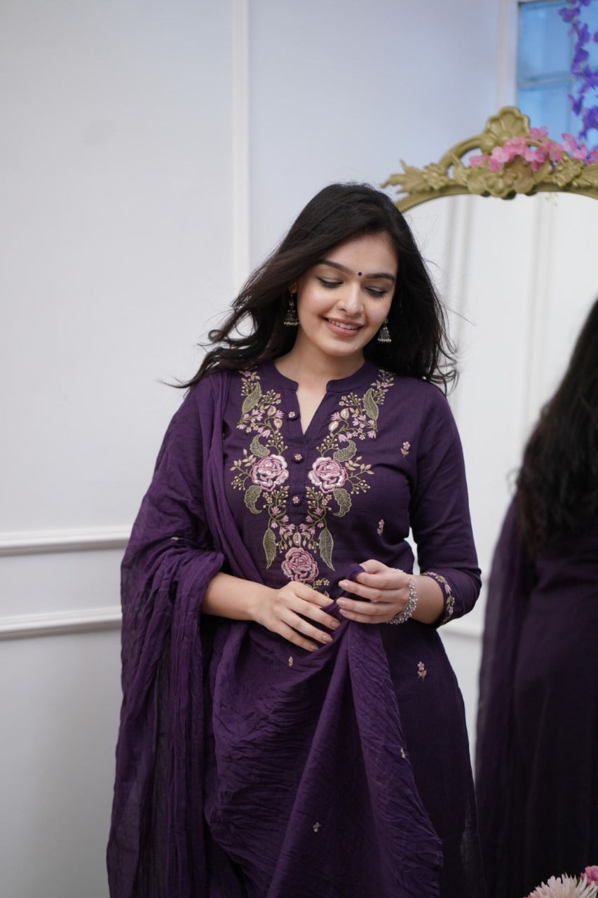 Libas India Cotton Purple Embroidered Kurta Pant And Dupatta Set