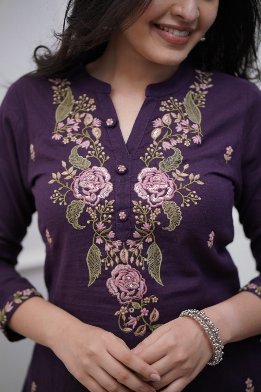 Libas India Cotton Purple Embroidered Kurta Pant And Dupatta Set