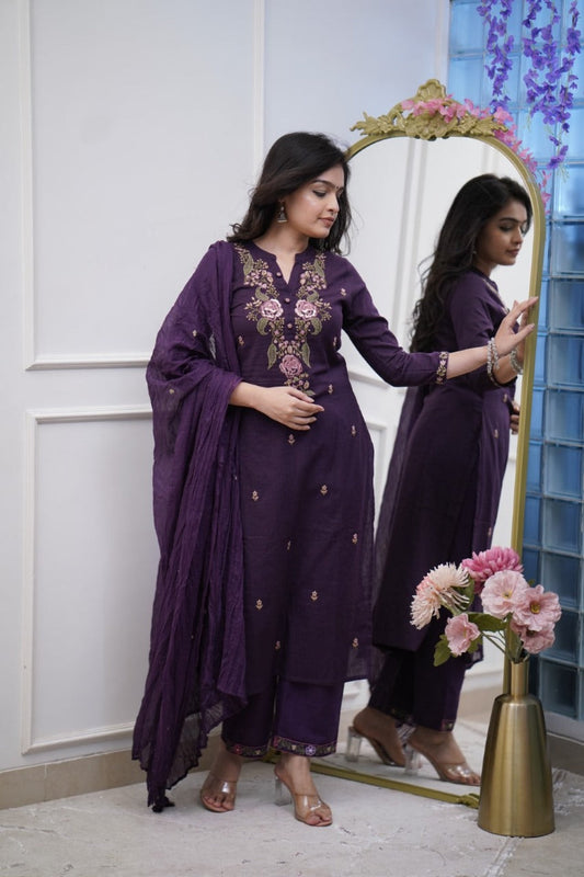 Libas India Cotton Purple Embroidered Kurta Pant And Dupatta Set