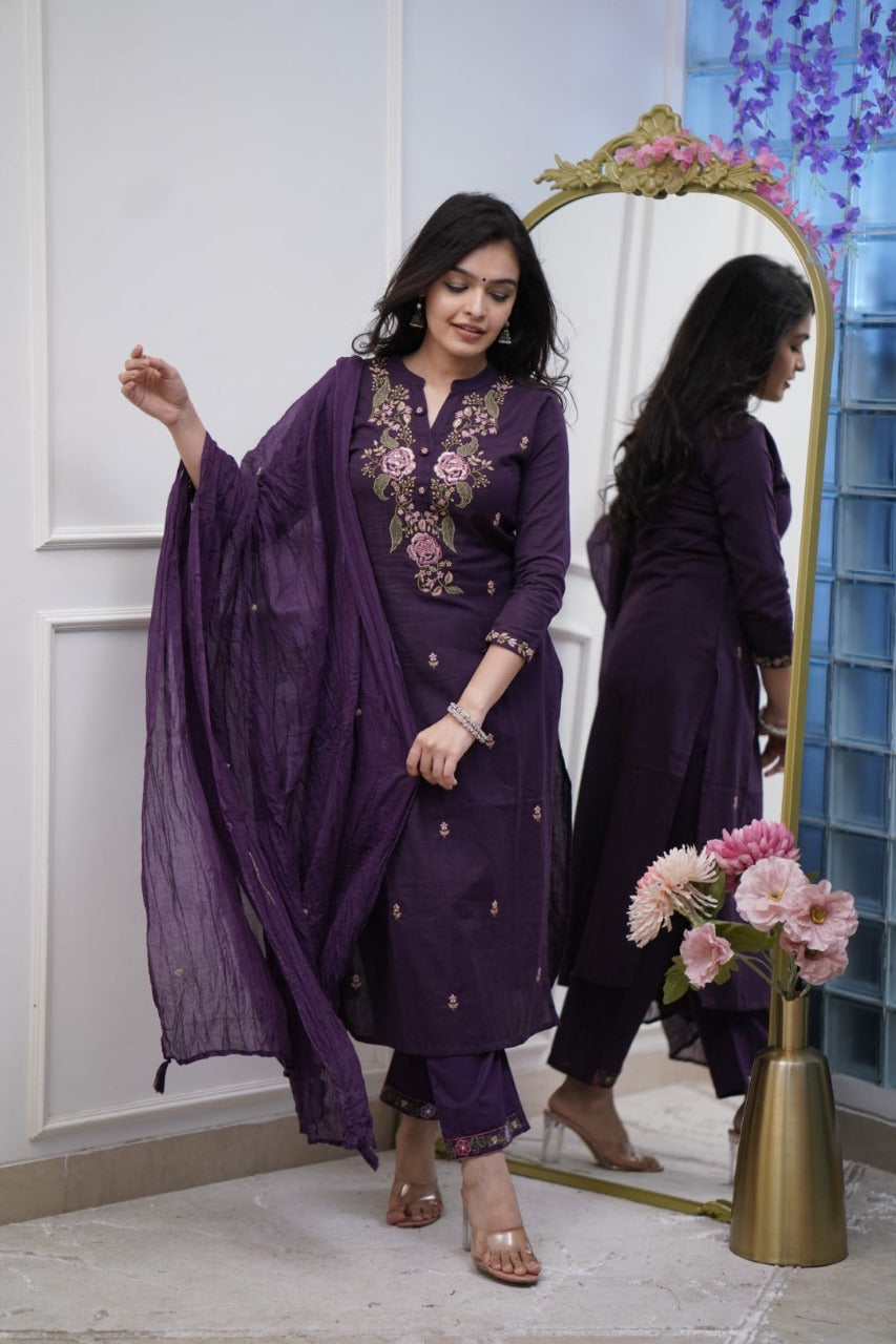 Libas India Cotton Purple Embroidered Kurta Pant And Dupatta Set