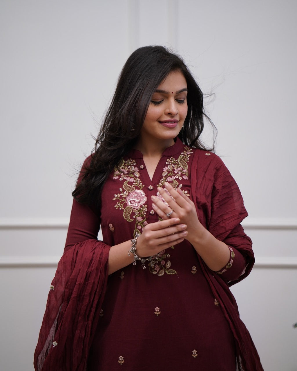 Libas India Cotton Maroon Embroidered Kurta Pant And Dupatta Set