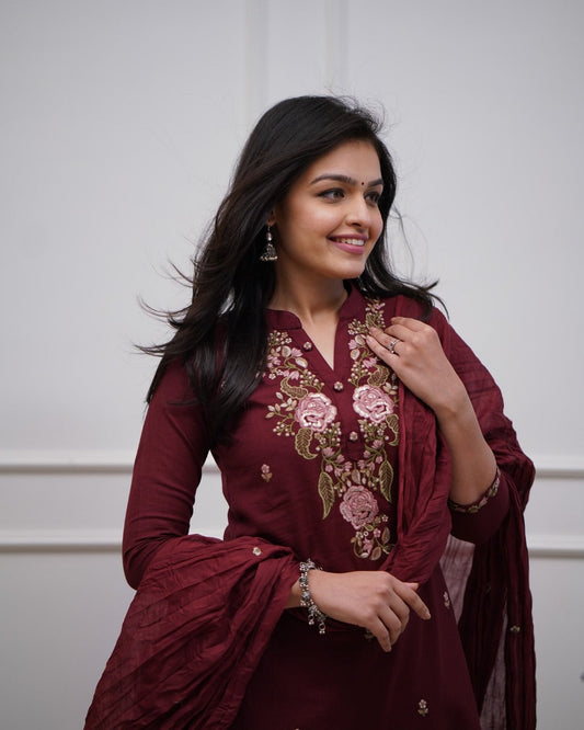 Libas India Cotton Maroon Embroidered Kurta Pant And Dupatta Set