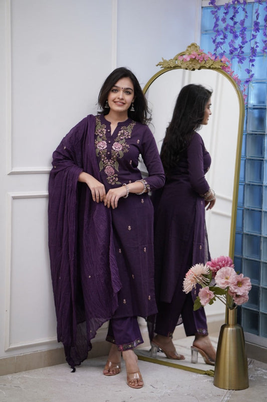 Libas India Cotton Purple Embroidered Kurta Pant And Dupatta Set