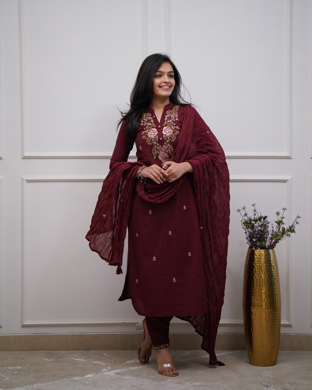Libas India Cotton Maroon Embroidered Kurta Pant And Dupatta Set