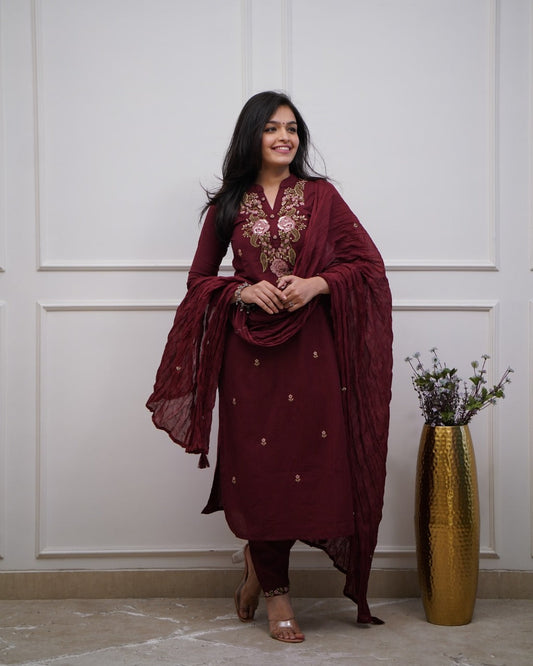 Libas India Cotton Maroon Embroidered Kurta Pant And Dupatta Set