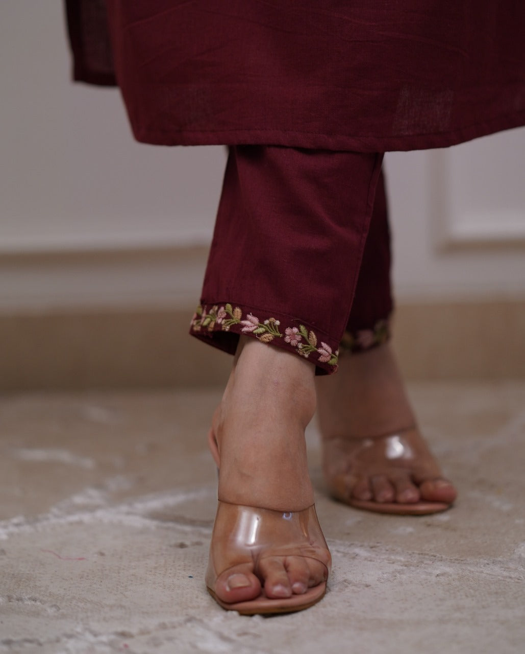 Libas India Cotton Maroon Embroidered Kurta Pant And Dupatta Set
