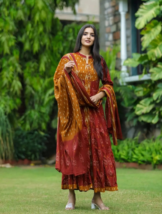 Red Designer Ekka Print With Anarkali Pant And Dupatta Set